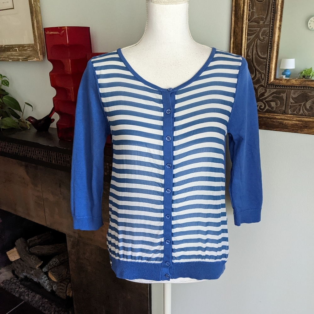 ESCALES Paris Blue Striped Cardigan Sweater Women's US Small (M) 3/4 Sleeve 137